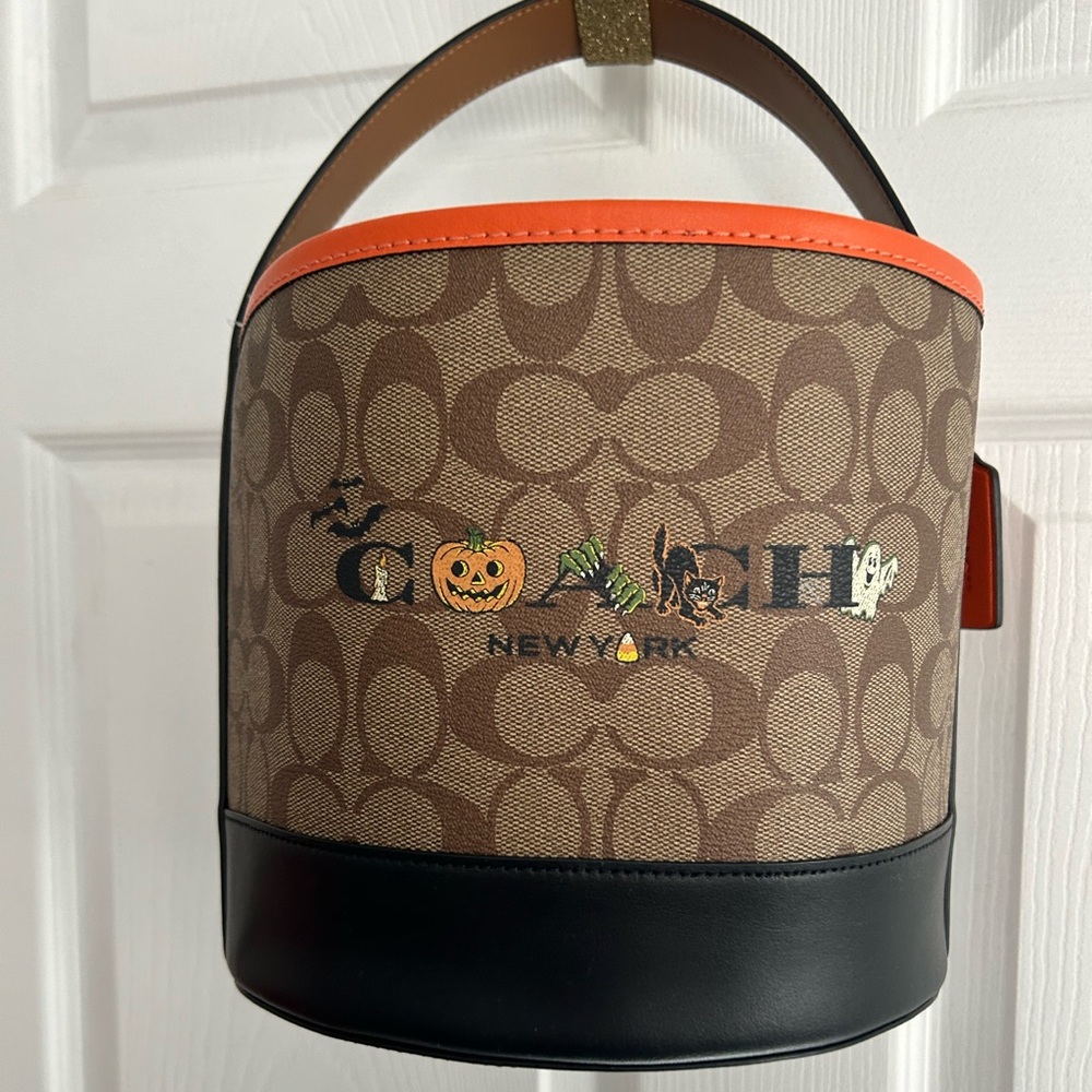 Coach Brown and Black Bucket Bag with Orange Accents